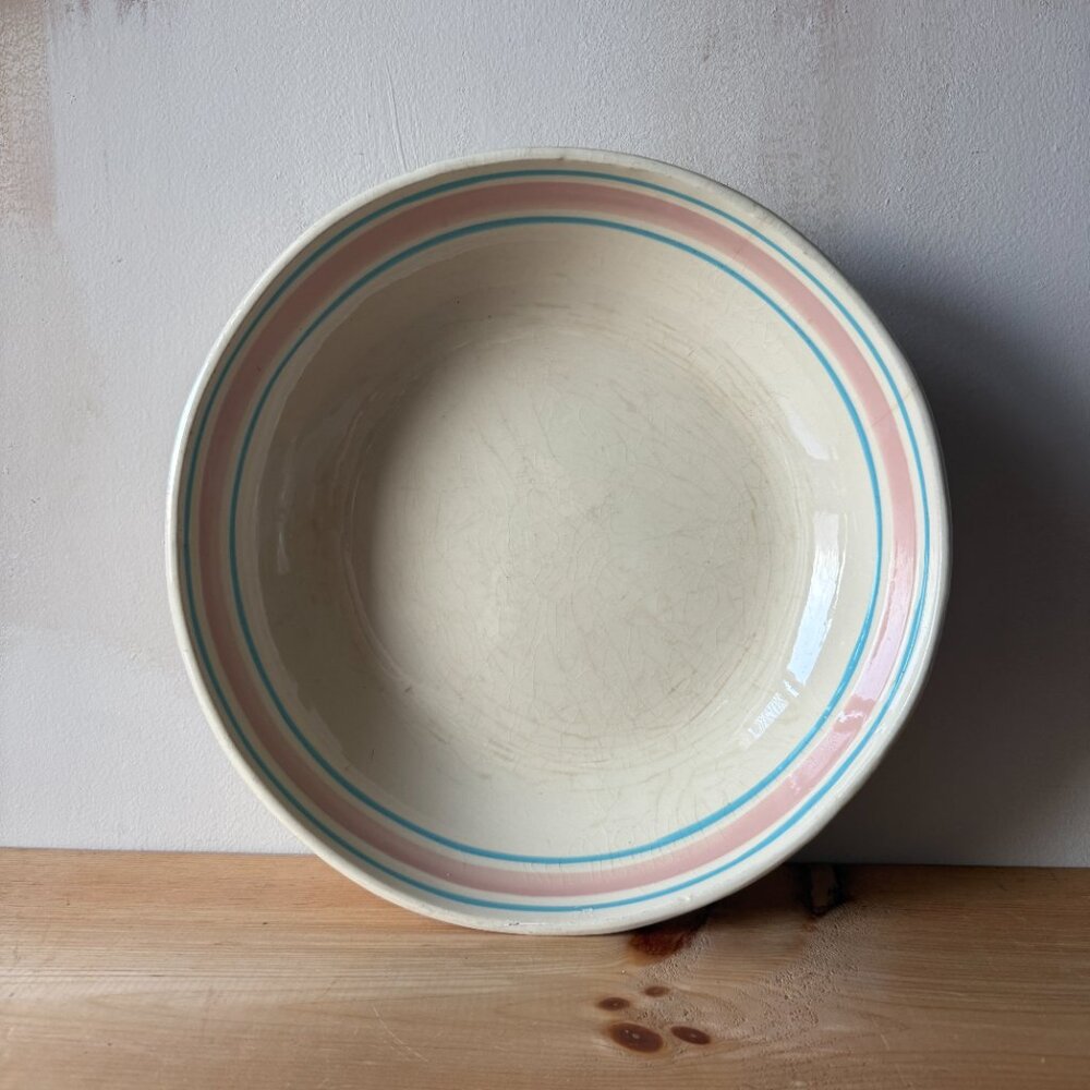Vintage McCoy Stoneware Large Pasta Bowl Pink & Blue Stripe 12” Serving Dish